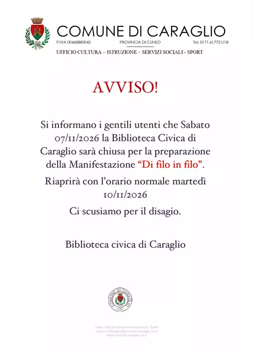 Avviso chiusura - Biblioteca Civica di Caraglio